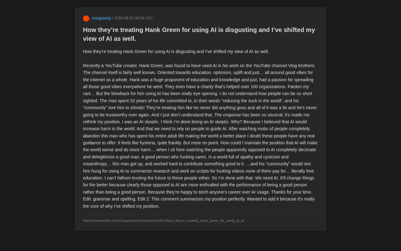 reddit source: Hank Green事件讨论