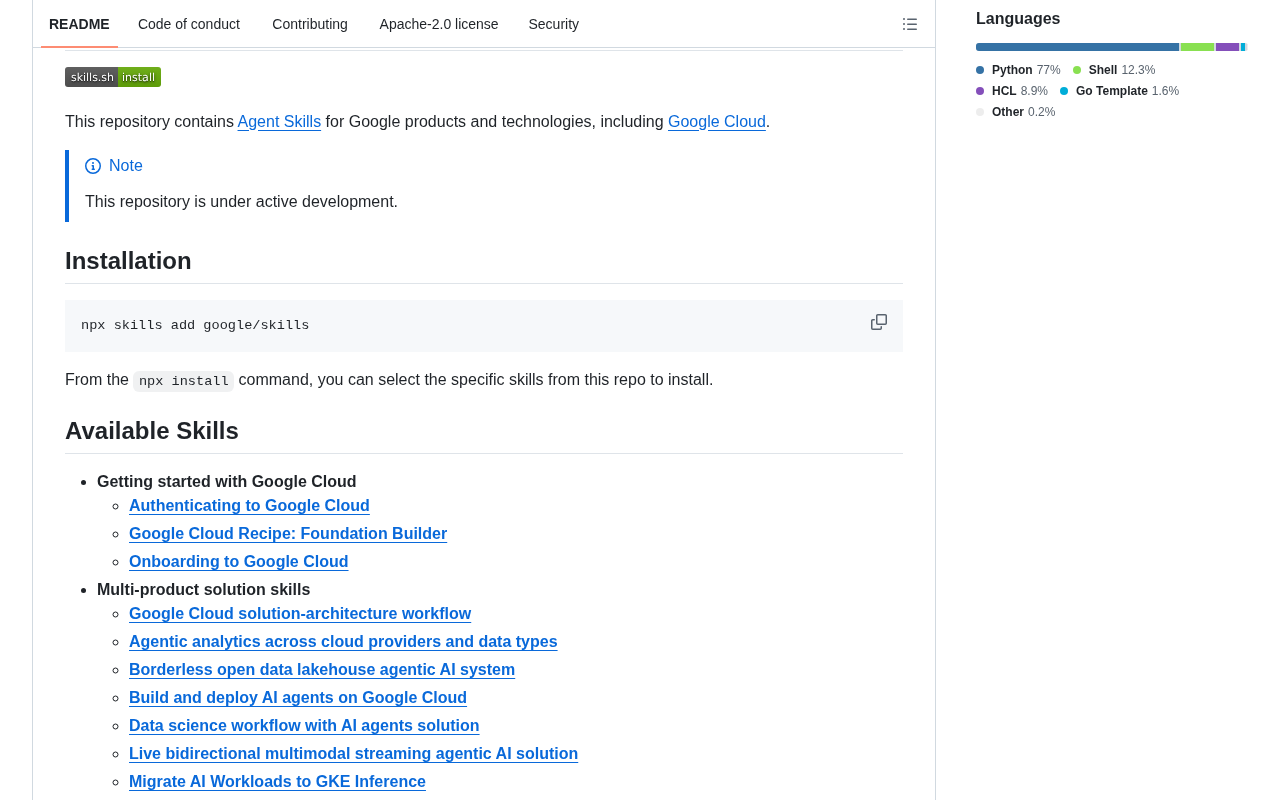 github source: google/skills: Agent Skills for Google products and technologies