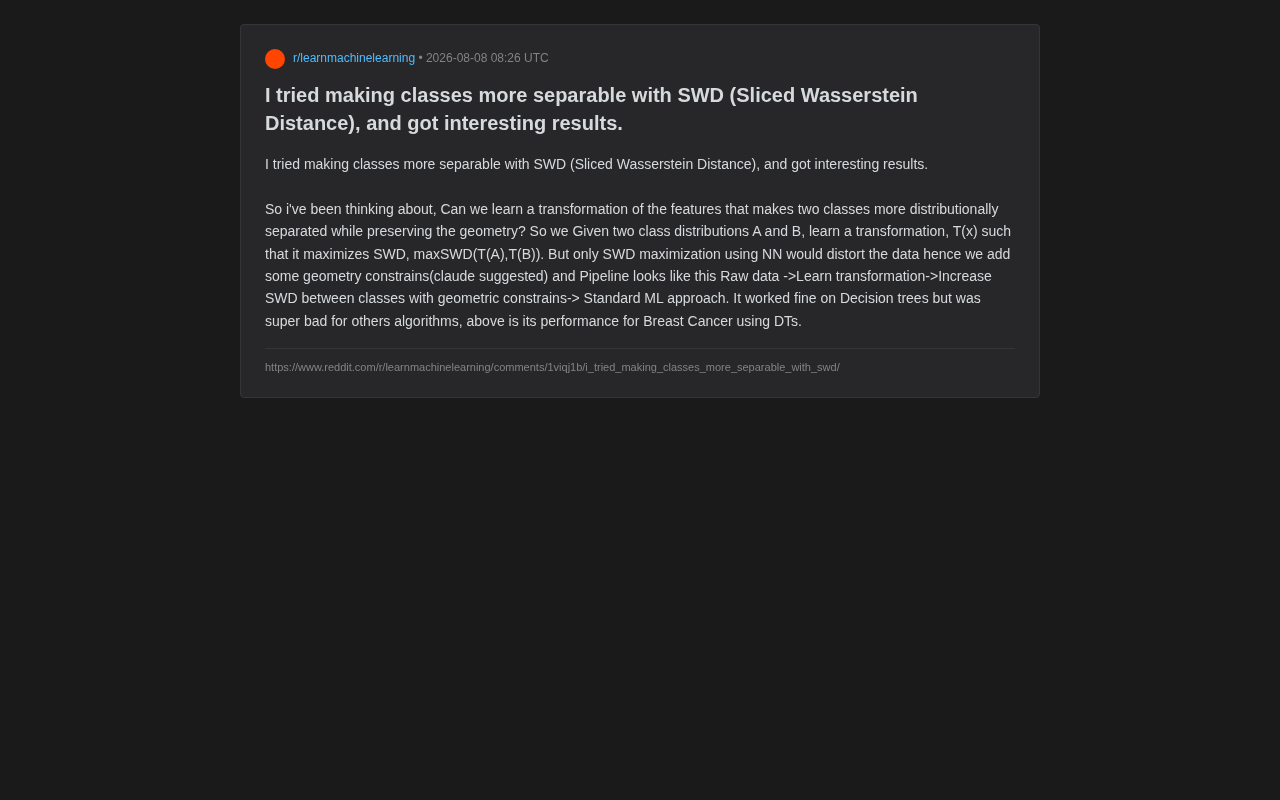 Sliced Wasserstein Distance for Improving Class Separability: Experiments and Reflections