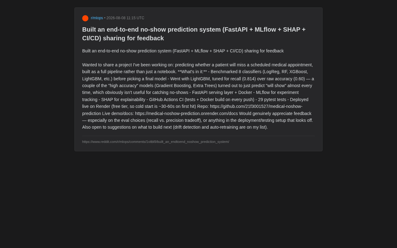 From Notebook to Production: A Full-Stack MLOps Practice Guide for No-Show Prediction Systems