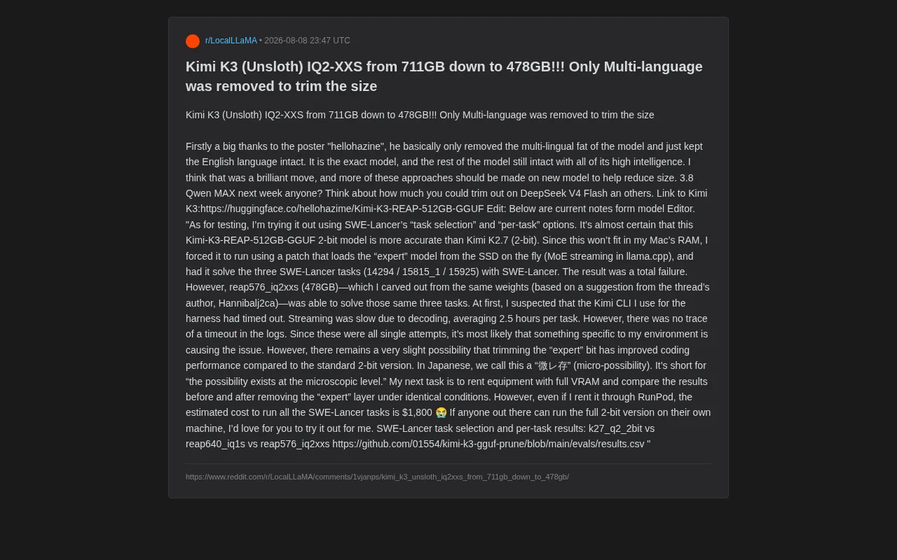 Kimi K3模型从711GB压缩至478GB:移除多语言层的定向瘦身实验