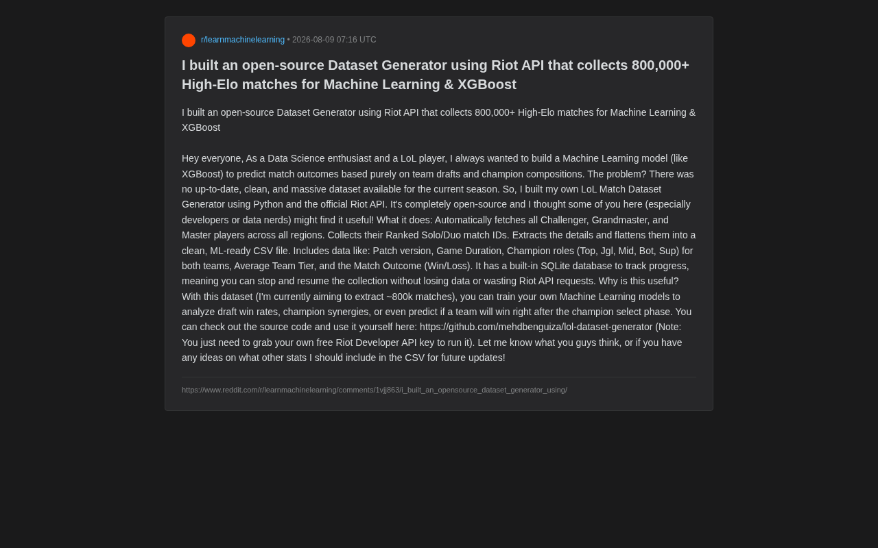 开源工具:用Riot API自动采集80万高分段LoL对局数据