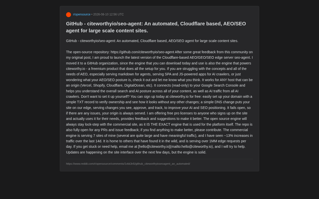 开源seo-agent:基于Cloudflare的AEO边缘引擎,让AI爬虫读懂你的网站