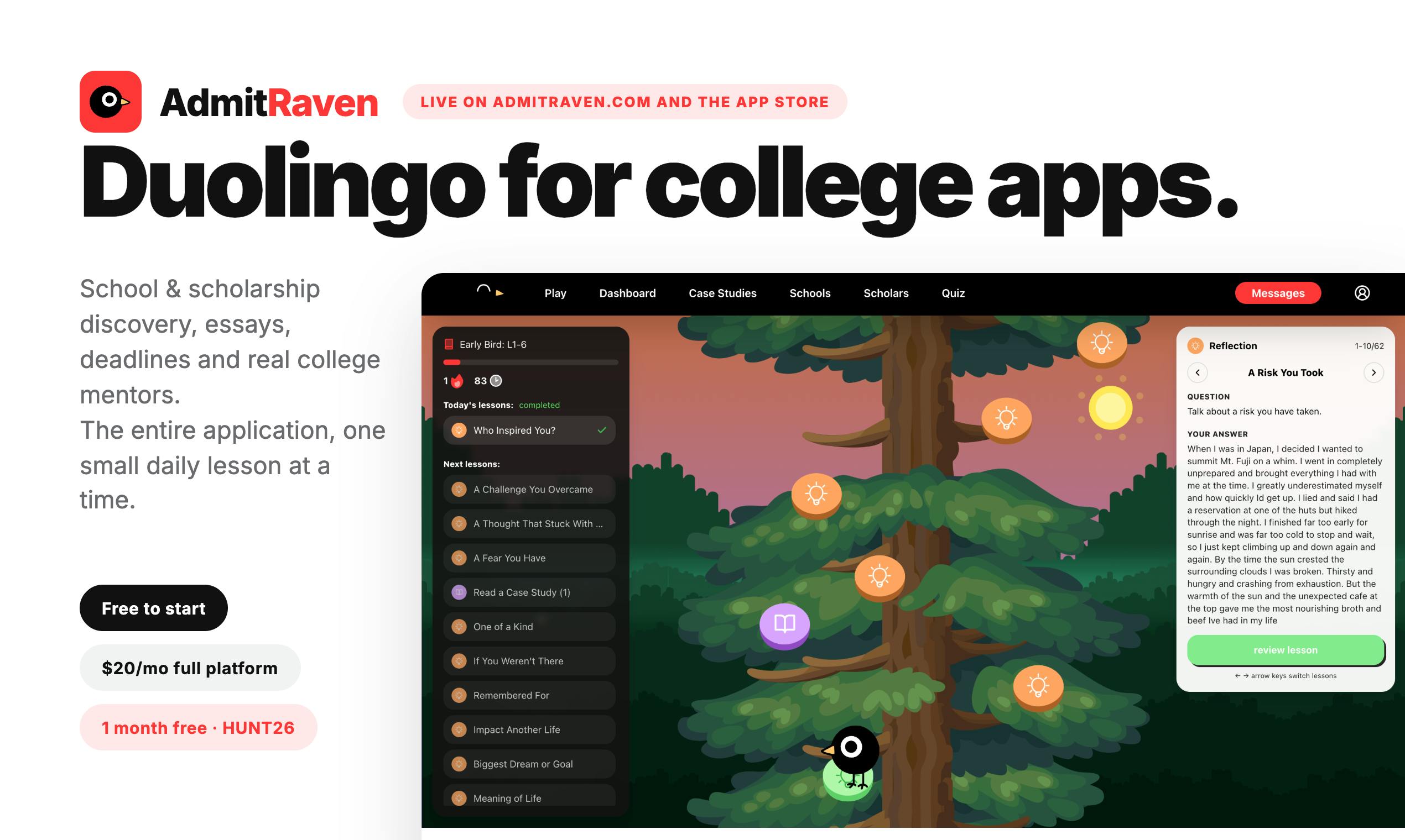AdmitRaven: The Duolingo for College Applications — Daily Micro-Lessons Replace $10K Consultants