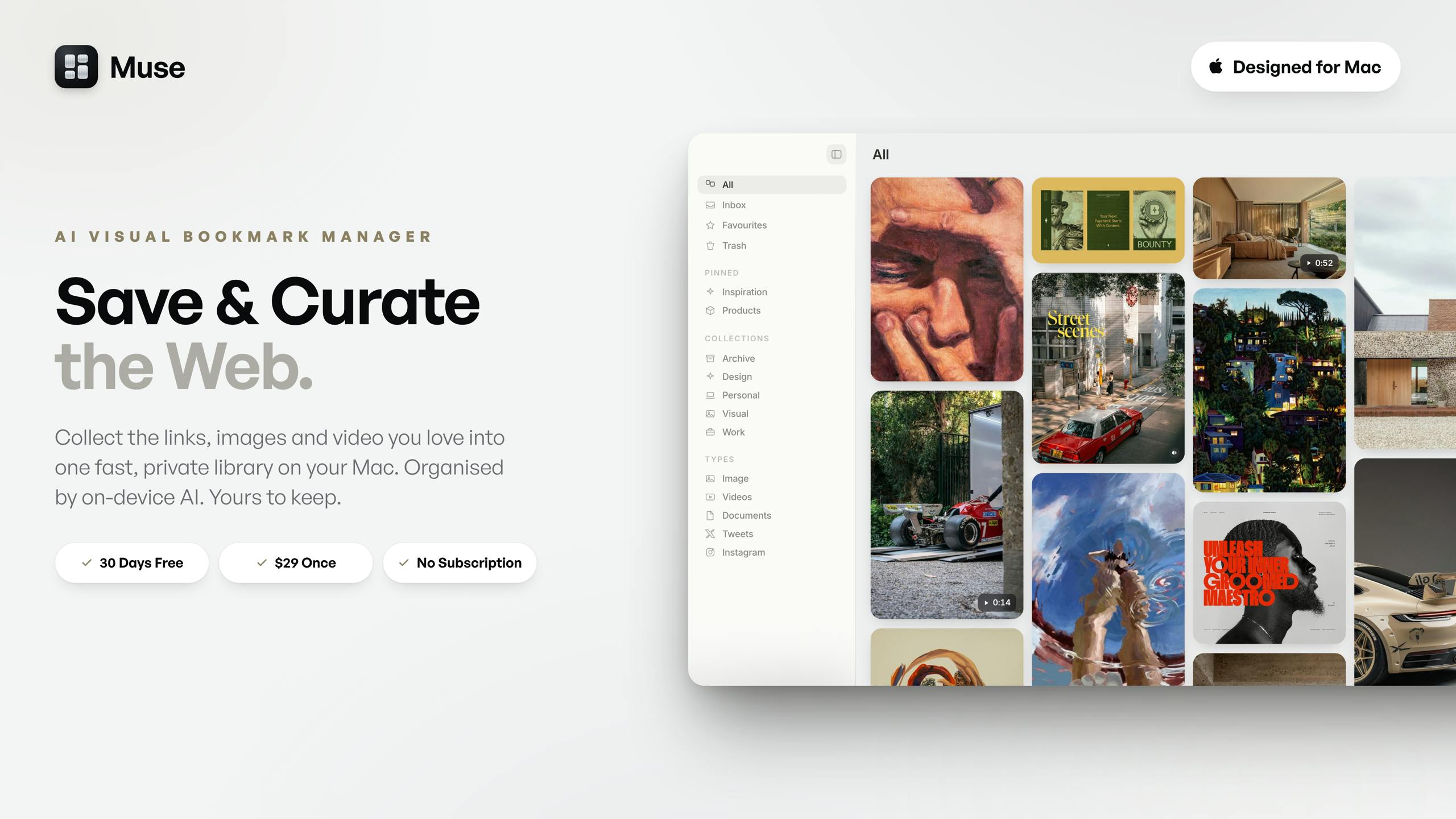 Muse: A Local AI-Powered Visual Bookmark Manager for Mac — $29 One-Time Purchase, No Subscription