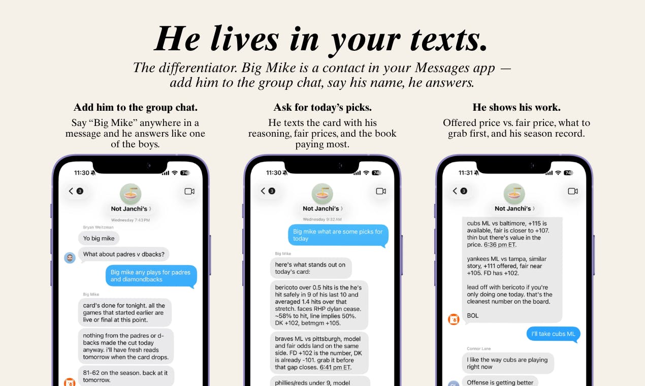 Big Mike:住在iMessage里的AI体育投注顾问
