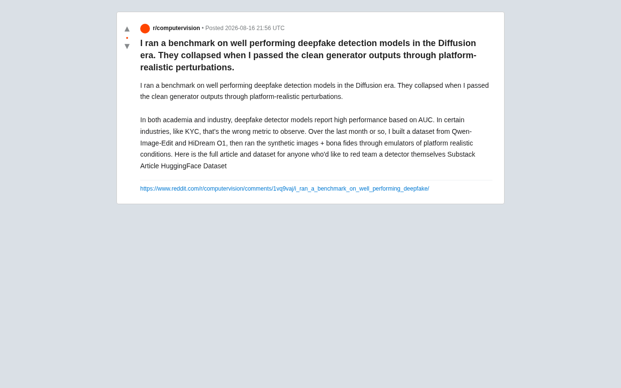 Deepfake Detectors Fail in the Diffusion Model Era: Why AUC Is No Longer a Reliable Metric