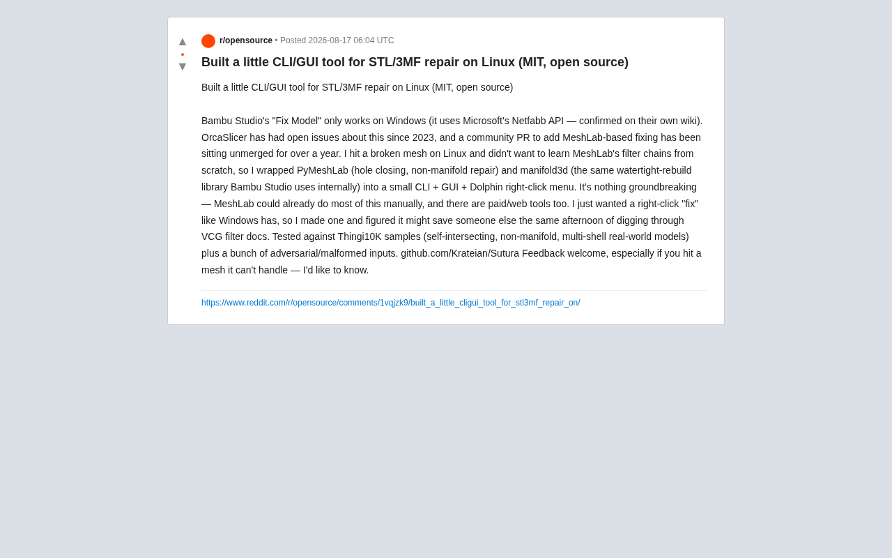 Sutura:Linux下STL/3MF模型修复开源工具详解