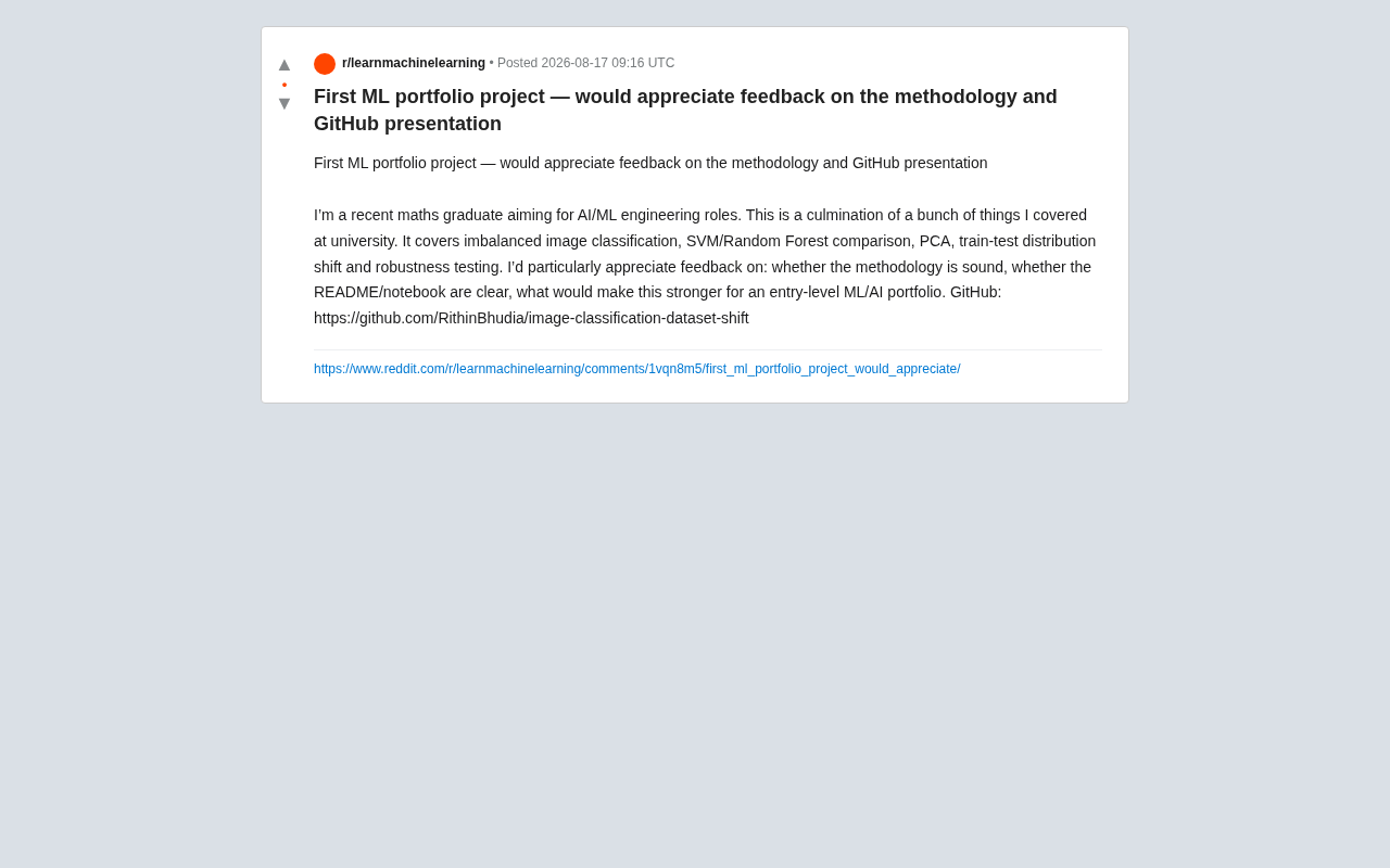 reddit source: First ML portfolio project