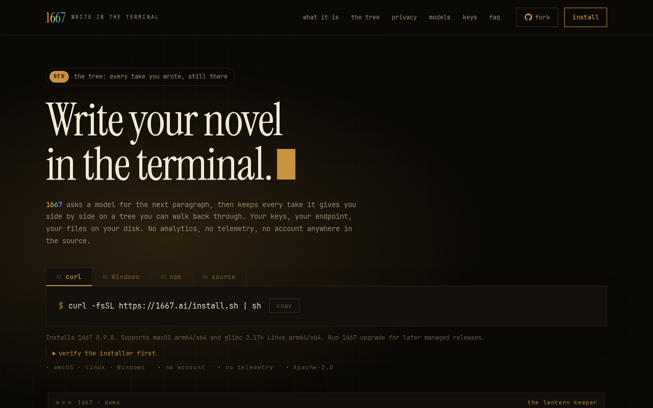 1667: A Terminal-Based Novel Writing Tool Powered by LLMs — A New AI Writing Choice for Focused Creators