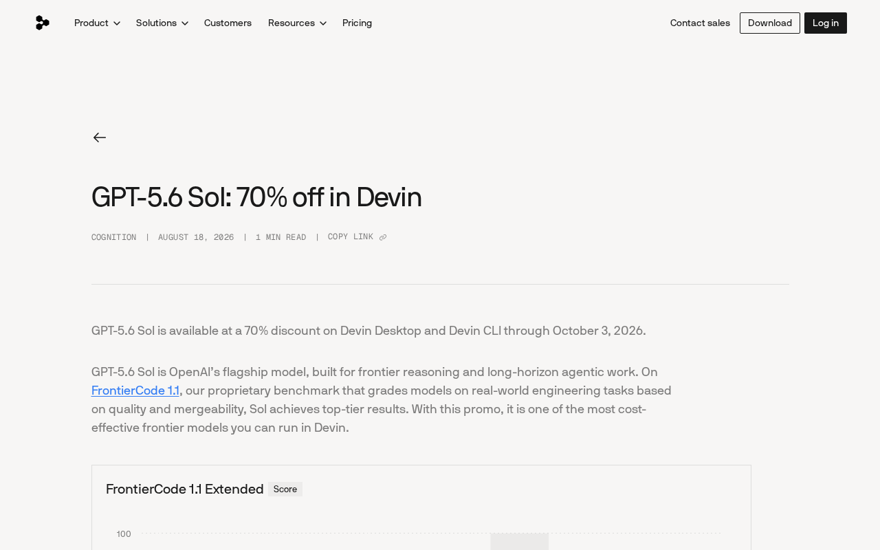 GPT-5.6 Sol登陆Devin:编程模型降价70%意味着什么