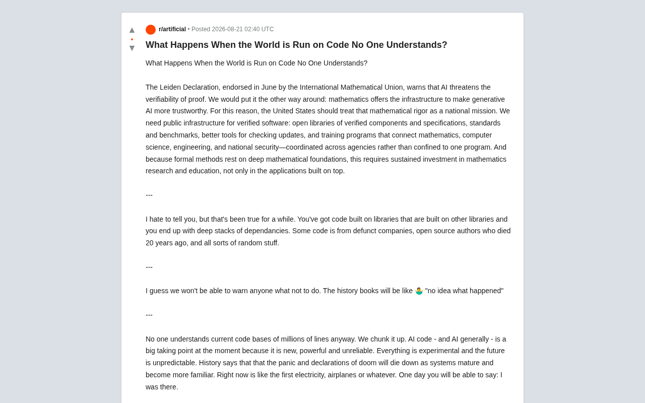 When the World Runs on Code No One Can Understand: The Future of AI Code Verification and Formal Methods