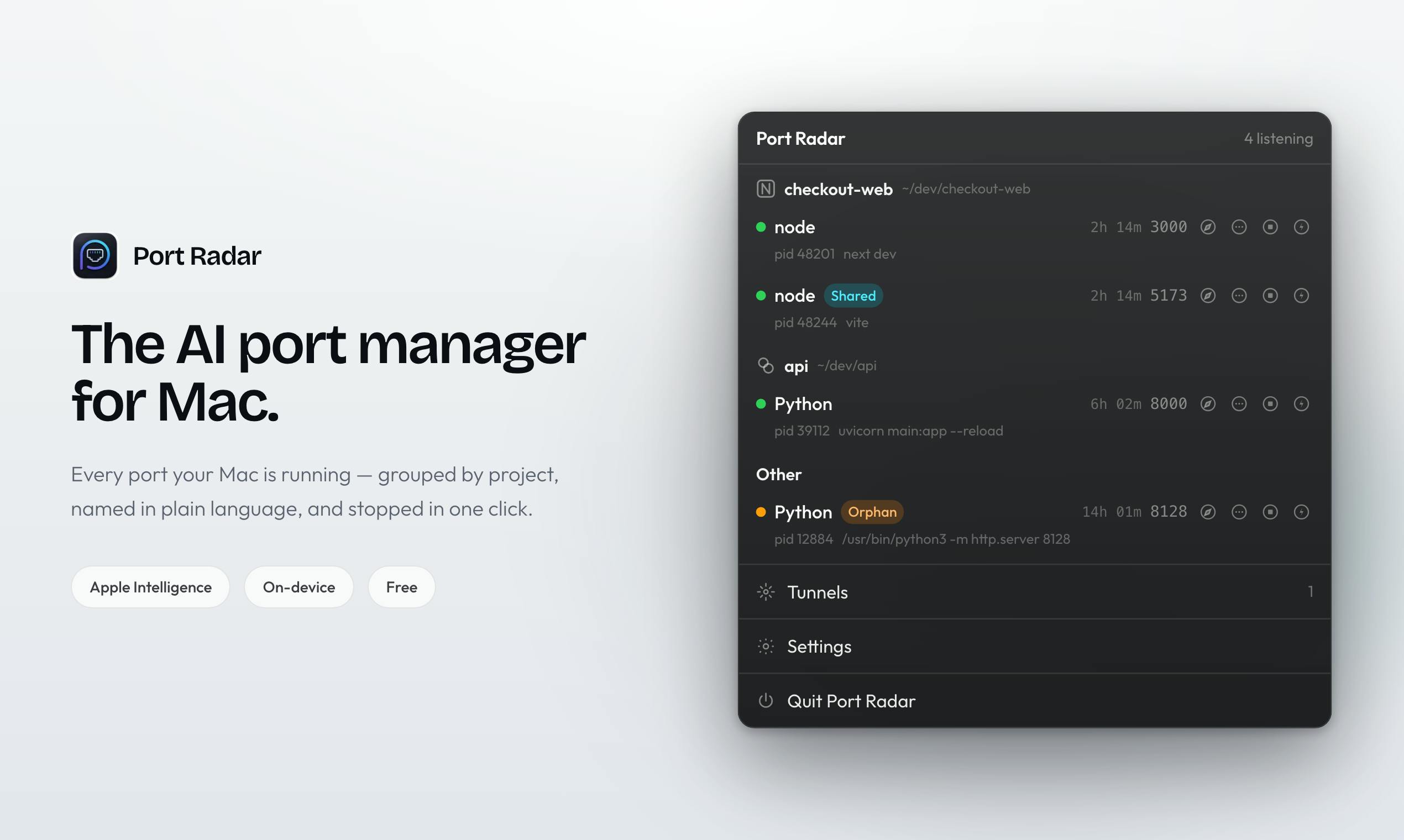 Port Radar: A macOS Menu Bar Port Management Tool with AI-Powered Process Identification and One-Click Termination