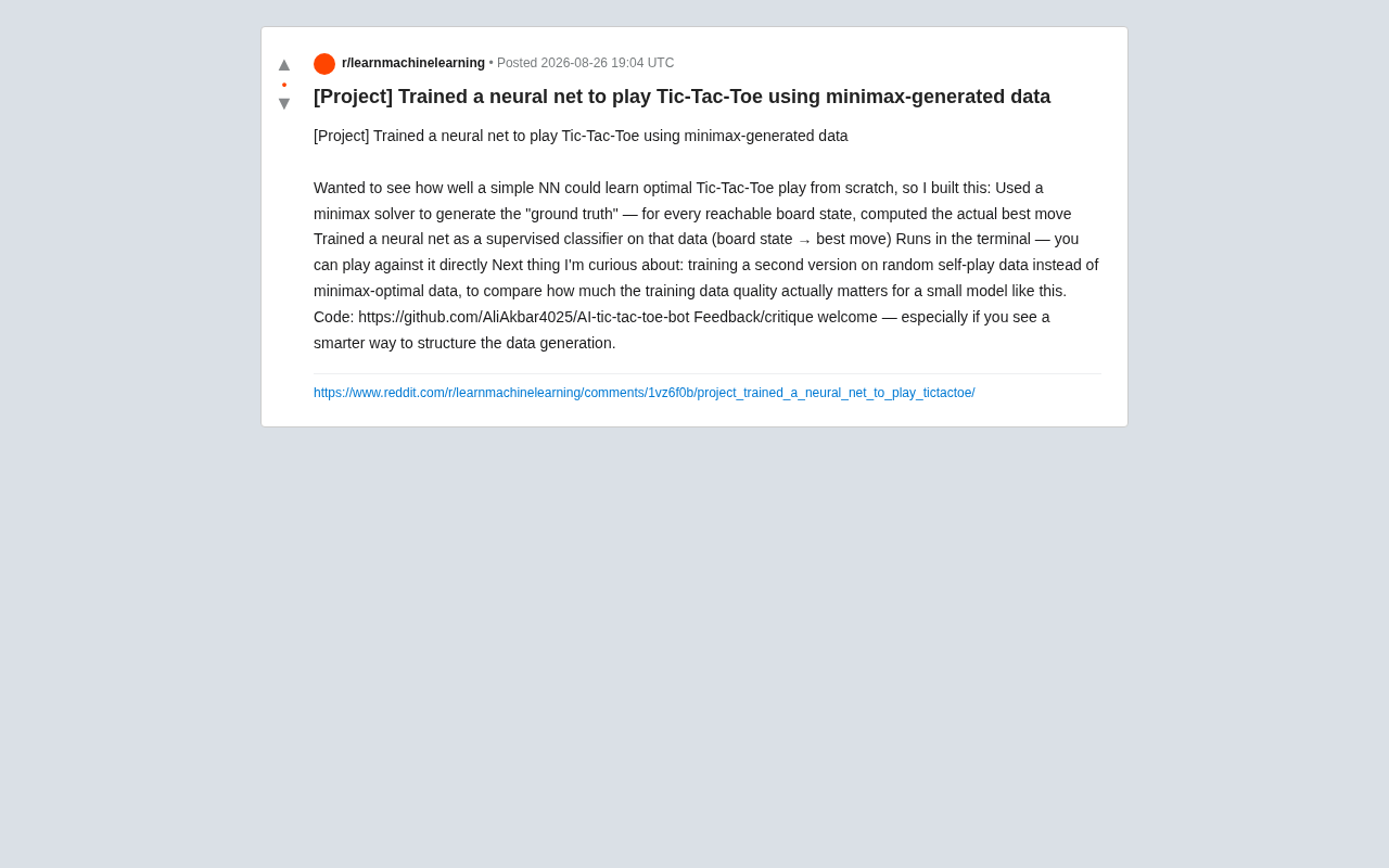 Training a Neural Network to Play Tic-Tac-Toe with Minimax Data: A Data Quality Experiment
