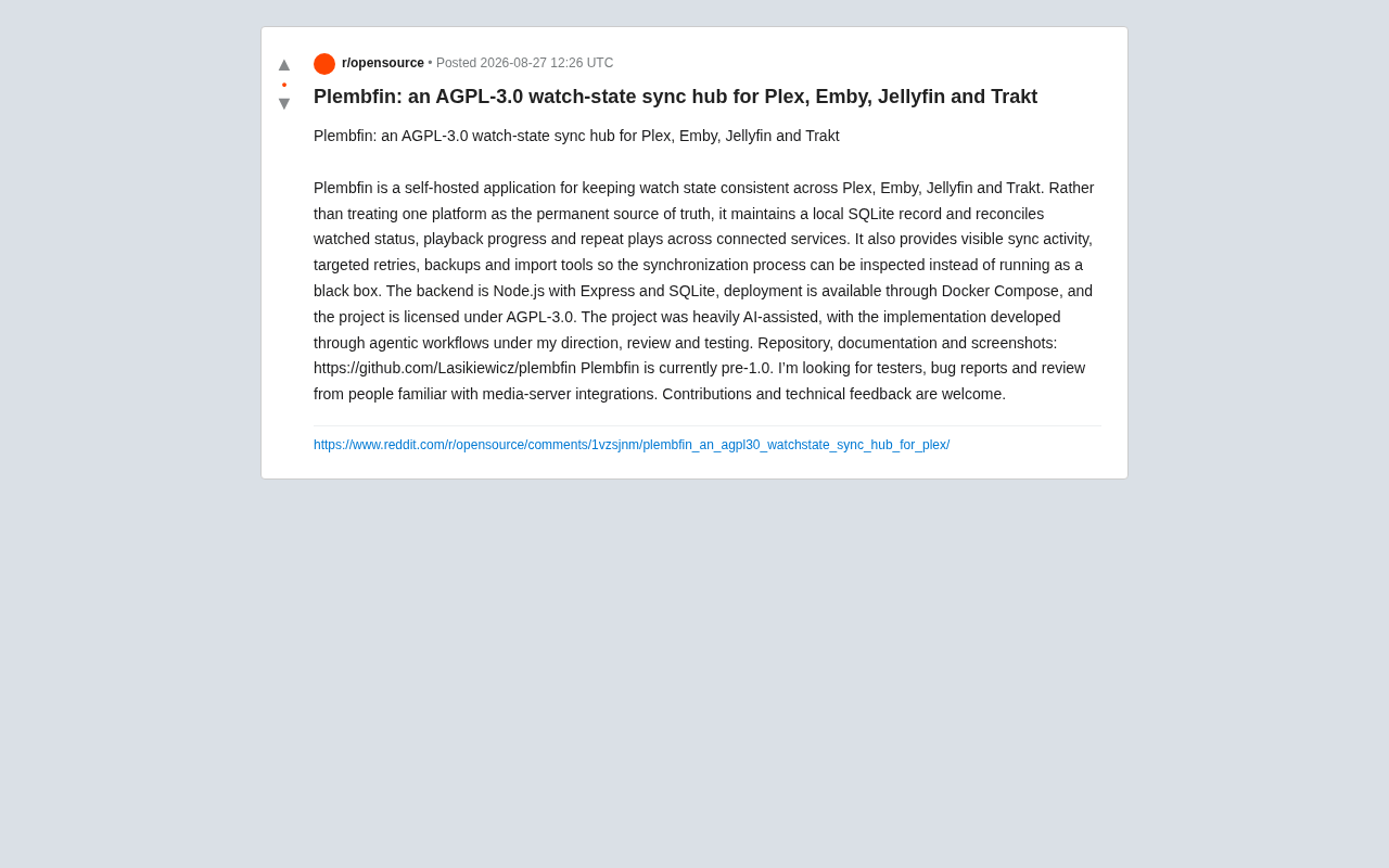 Plembfin: Open-Source Watch Status Sync Tool for Plex/Emby/Jellyfin
