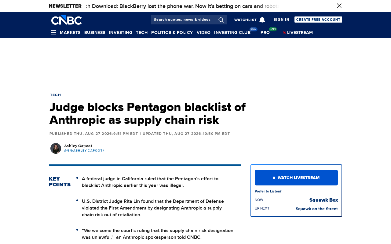 hackernews source: Judge blocks Pentagon blacklist of Anthropic as supply chain risk