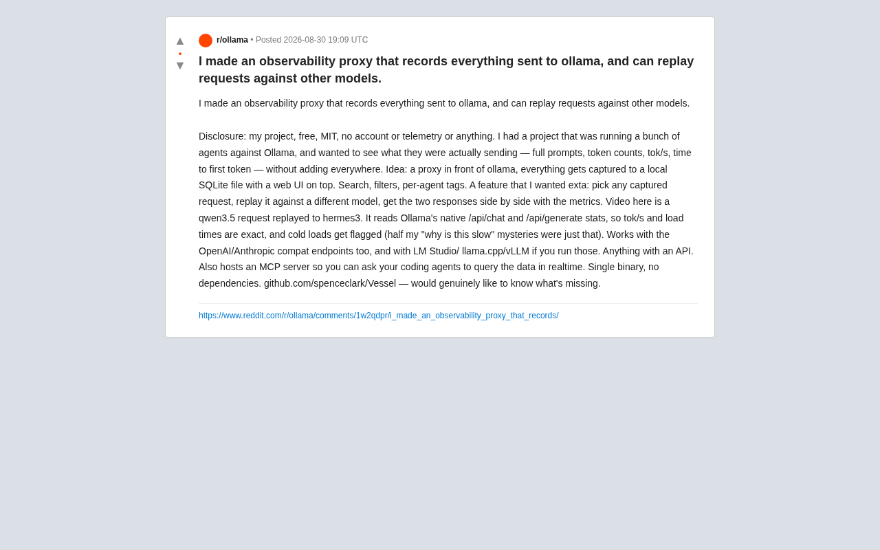 Vessel: A Local LLM Observability Proxy for Request Capture and Cross-Model Replay Comparison