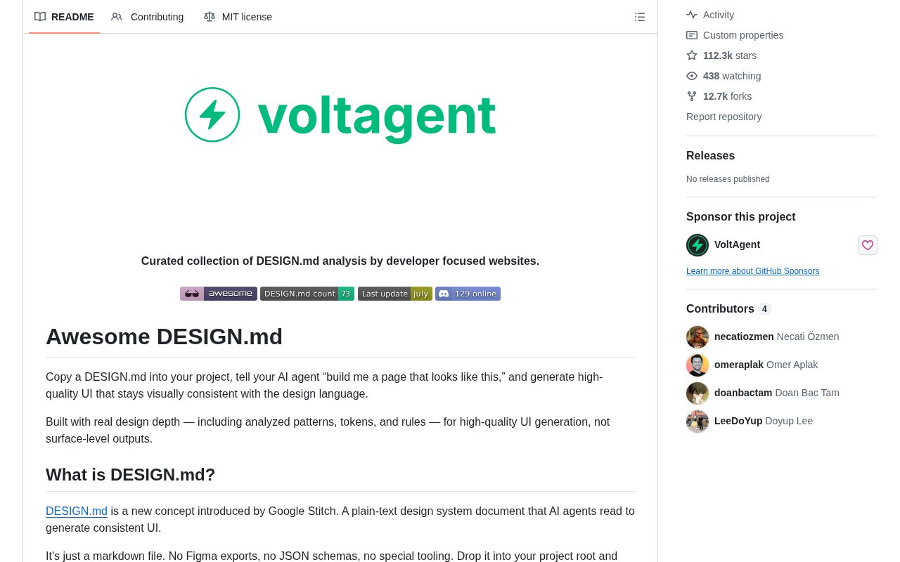 github source: VoltAgent/awesome-design-md: A collection of DESIGN.md files analysis by popular brand design system