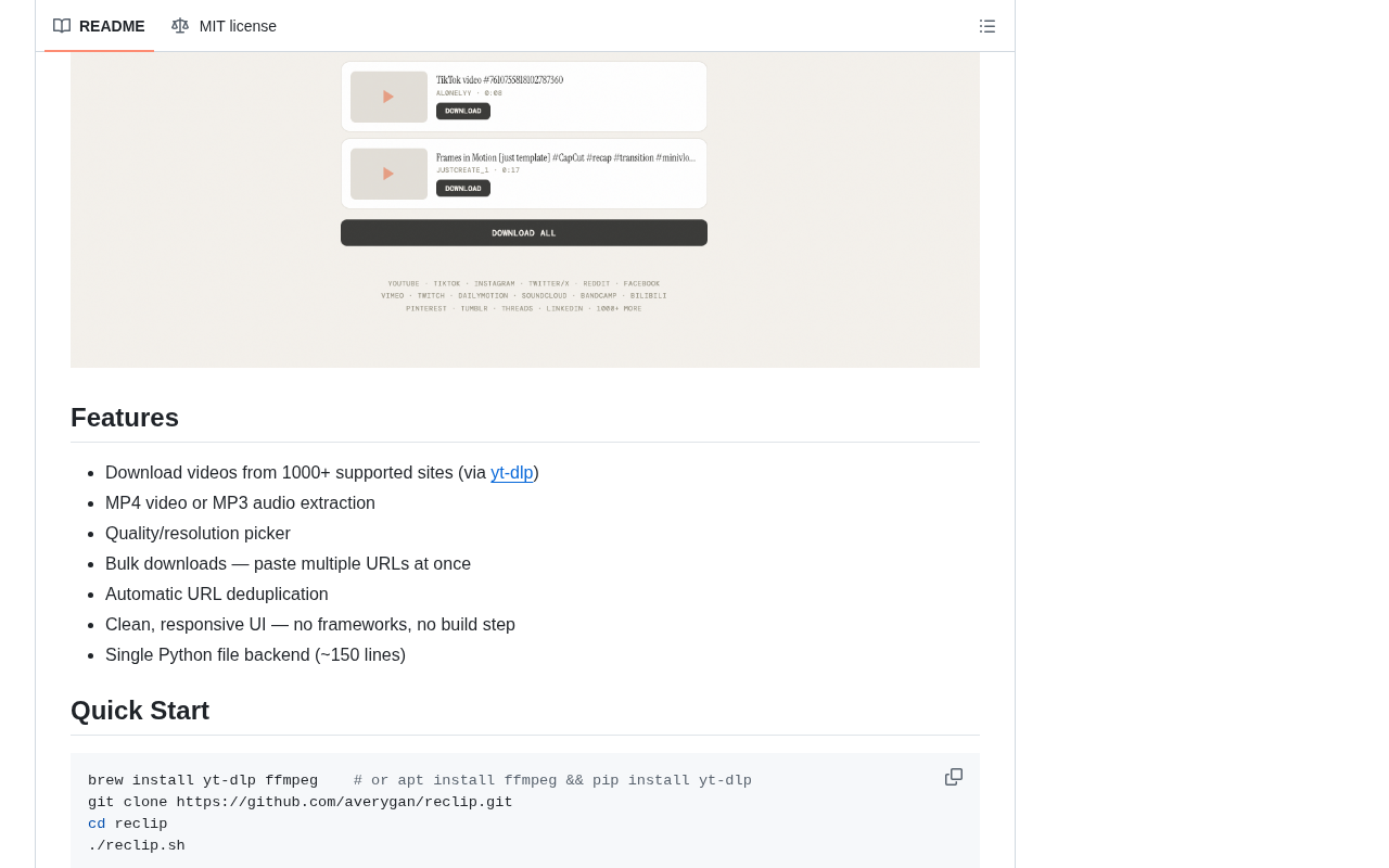 github source: averygan/reclip: Download videos from almost any website. Lightweight, self-hosted media downloader