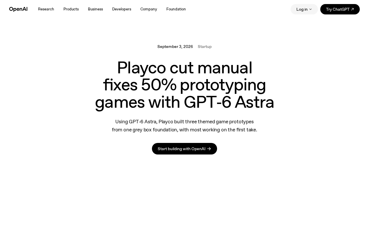 Playco Uses GPT-6 Astra to Develop Game Prototypes, Reducing Manual Fixes by 50%