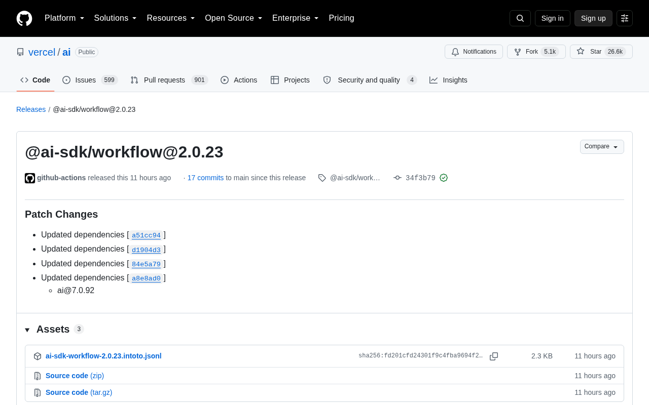Vercel AI SDK Workflow 2.0.23 发布页面