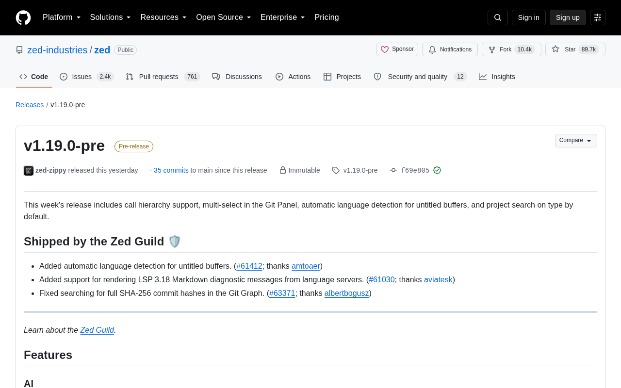 Zed 1.19.0-pre 更新解析:调用层级、AI 会话优化与 Git 多选
