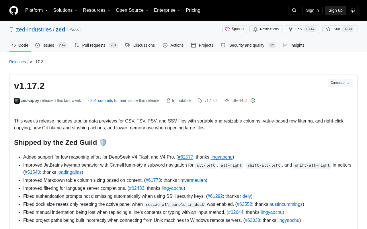 Zed 1.17.2 发布:表格预览、AI Agent 工具与大文件性能优化详解