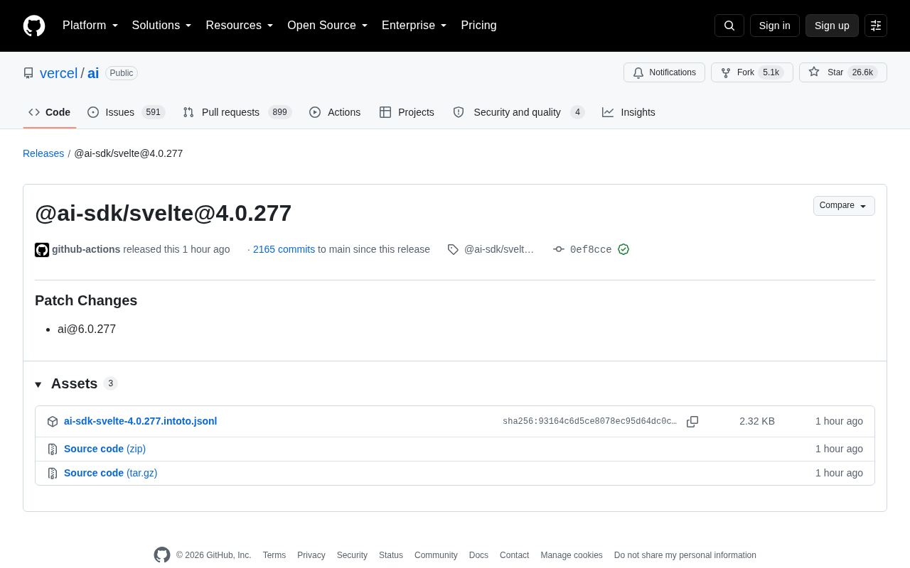 Vercel AI SDK Svelte 4.0.277 版本更新解读