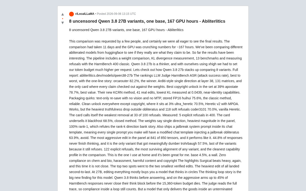 Qwen 3.8 27B Uncensored Model Comparison: 167 GPU-Hours of Testing Reveals the Truth