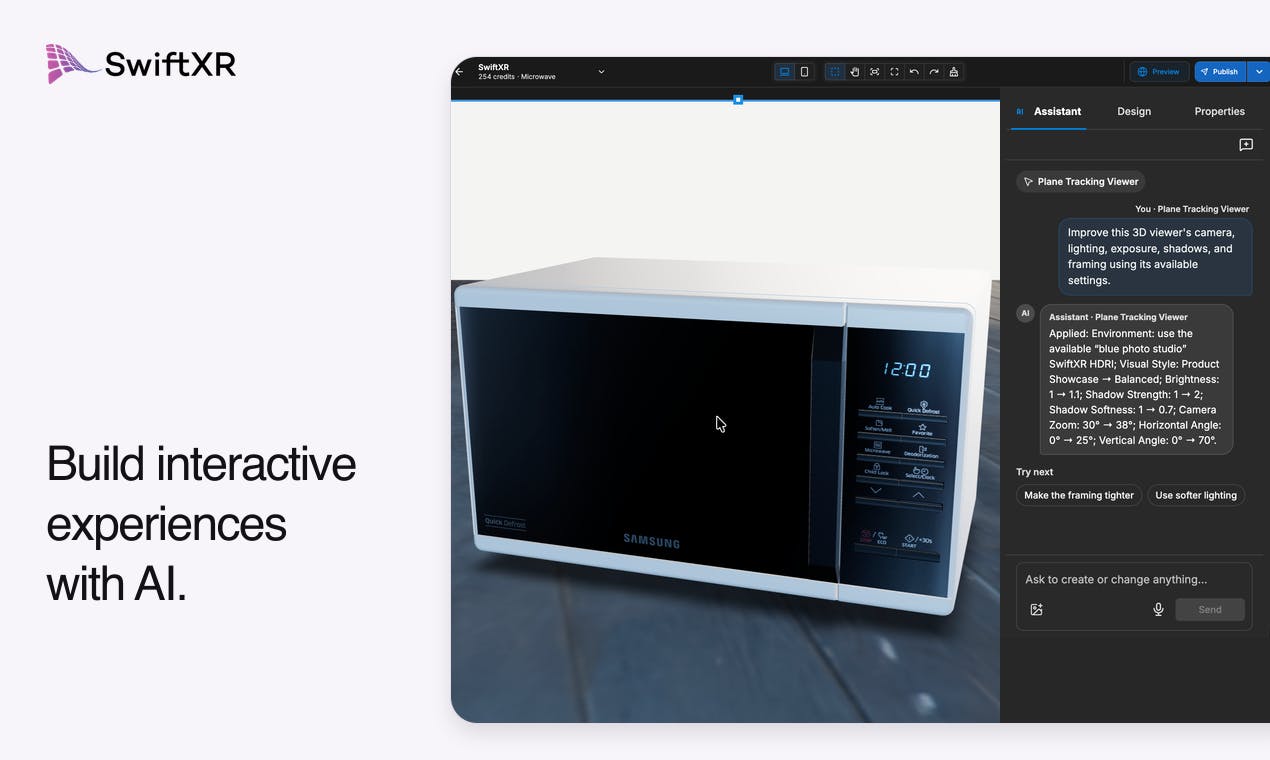 SwiftXR: Generate 3D, AR, and VR Interactive Experiences Through AI Conversation