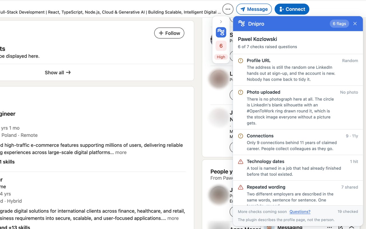 Dnipro: A Chrome Extension That Detects Fake LinkedIn Accounts with One Click