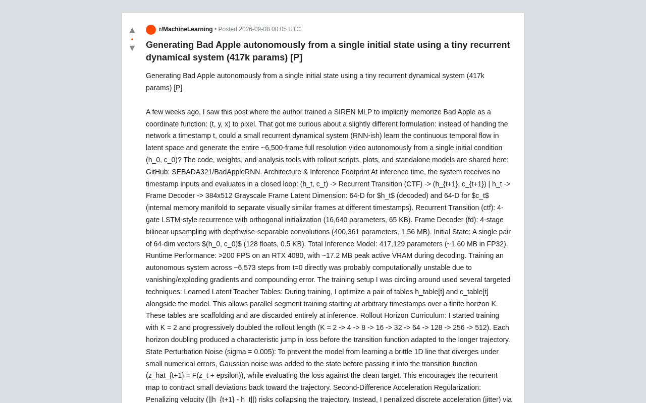 Complete Analysis: Autonomous Bad Apple Video Generation with a 417k-Parameter Recurrent Neural Network