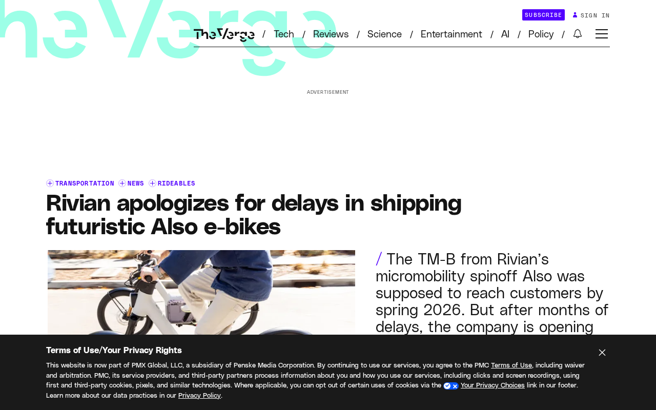 Rivian电动自行车Also TM-B交付延迟内幕