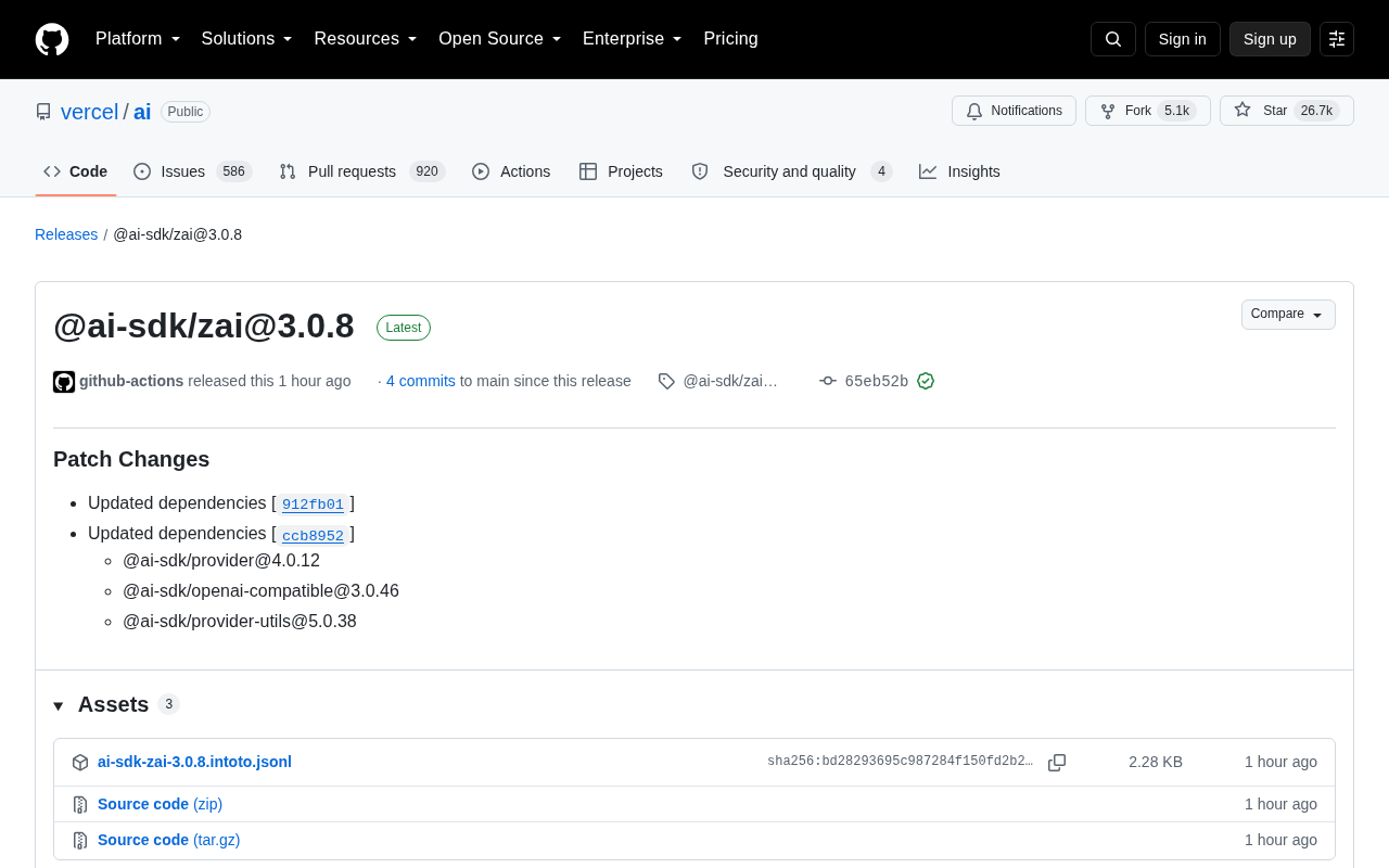 Vercel AI SDK zai 3.0.8 Release Page