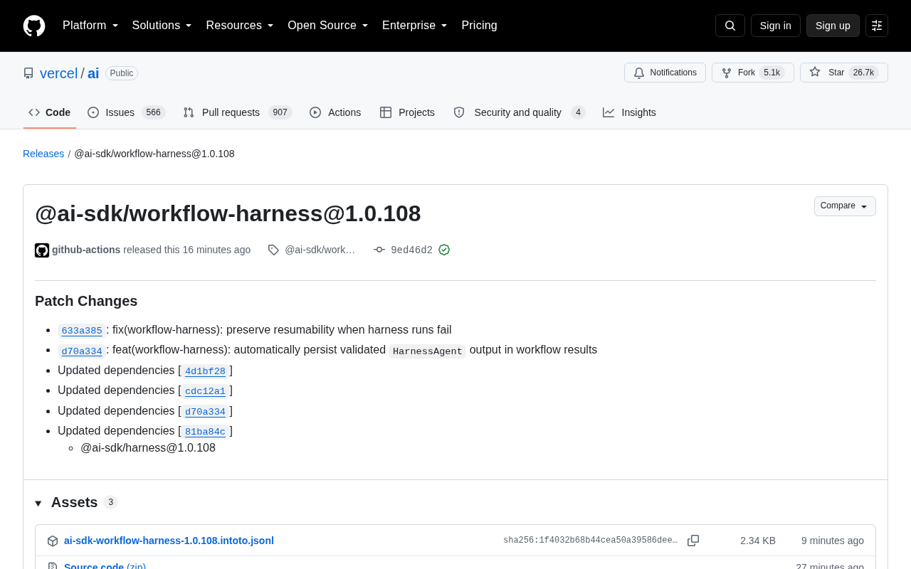 Vercel AI SDK 更新:workflow-harness 修复可恢复性问题