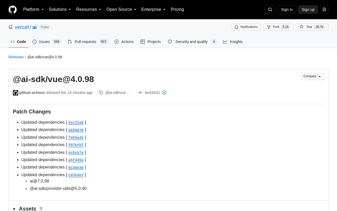 Vercel AI SDK 发布 @ai-sdk/vue@4.0.98 补丁更新