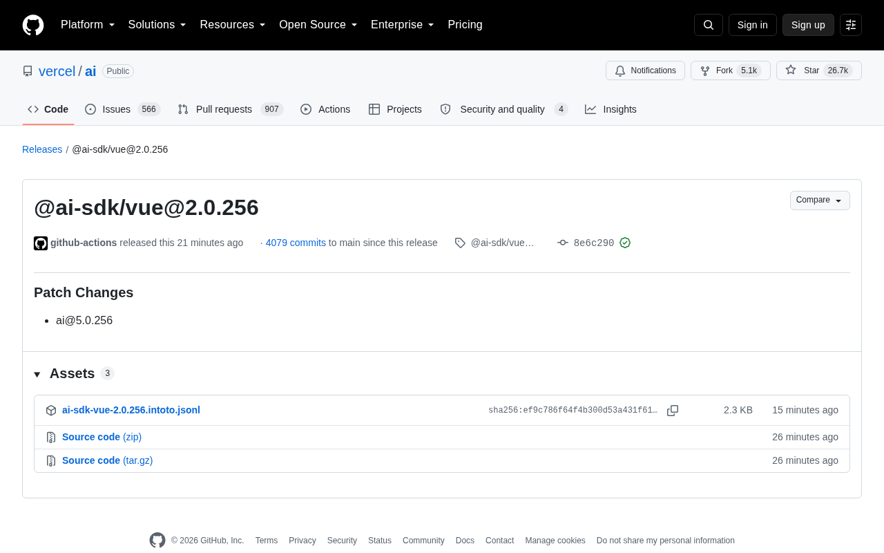 Vercel AI SDK 发布 @ai-sdk/vue@2.0.256 补丁更新