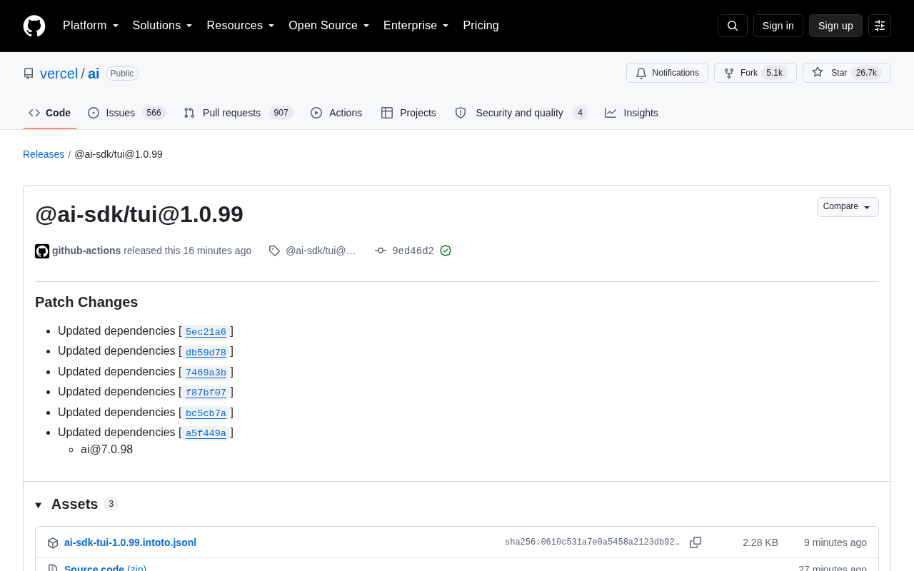 Vercel AI SDK 发布 @ai-sdk/tui 1.0.99 补丁更新