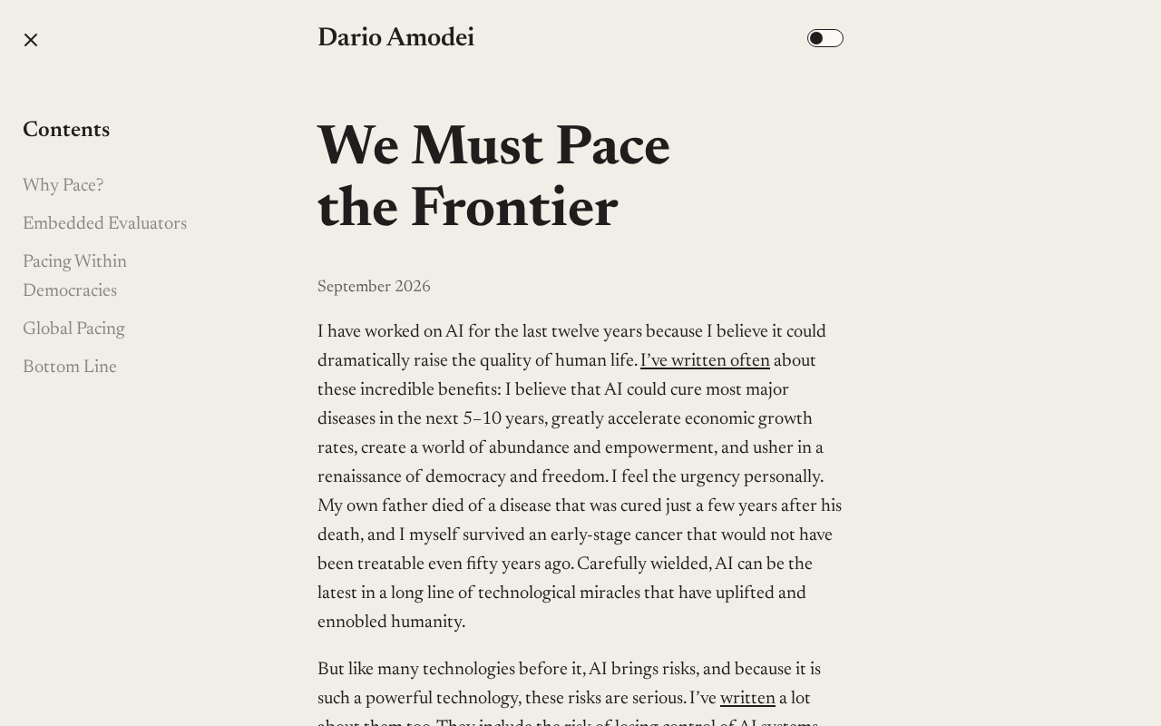 Dario Amodei《我们必须为前沿定速》:AI竞速下的安全考量