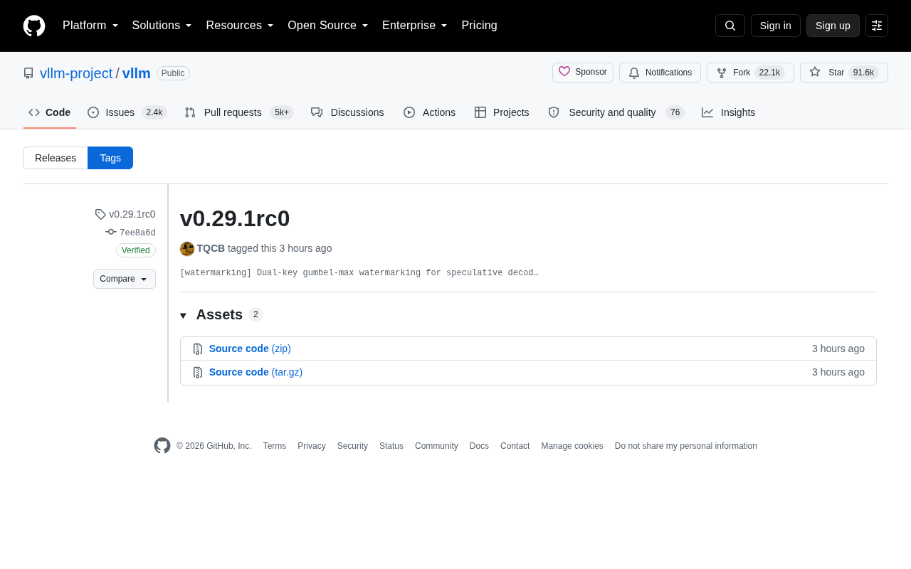 vLLM 发布 v0.29.1rc0:投机解码新增双密钥水印能力