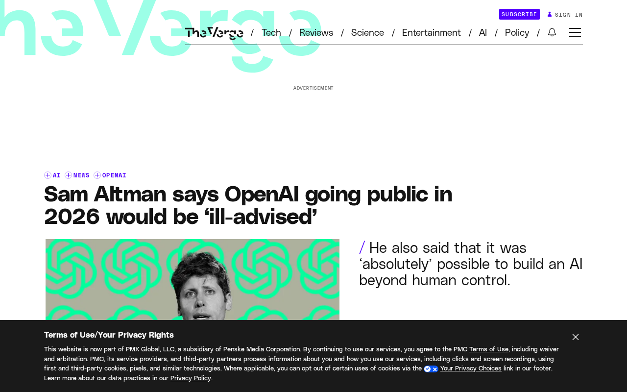 Sam Altman: An IPO in the Near Term Would Be 'Ill-Advised' for OpenAI