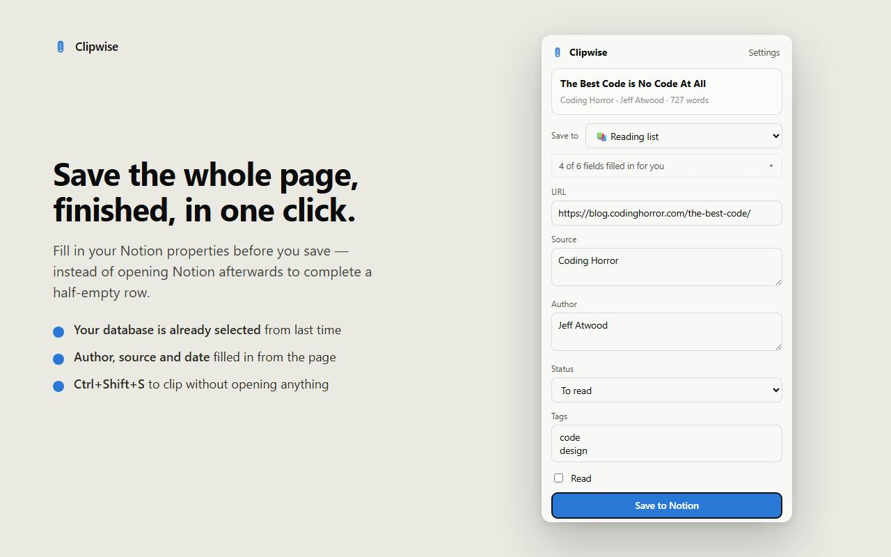 Clipwise: Save Any Webpage Completely to Notion in One Click