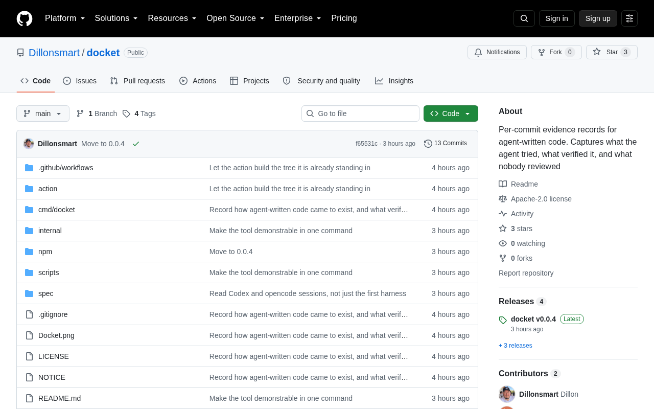 Docket: Building Per-Commit Evidence Trails for AI Agent-Generated Code