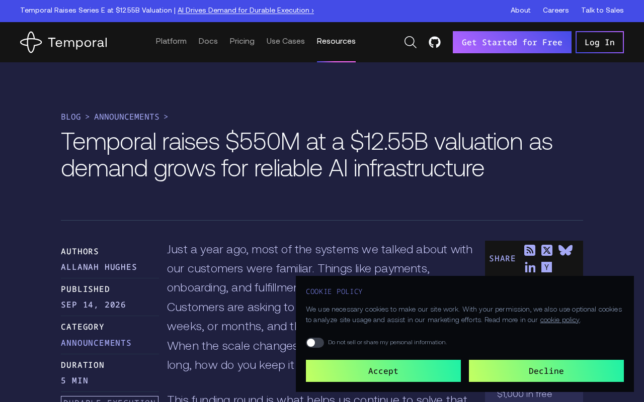 Temporal Raises $550M at $12.55B Valuation