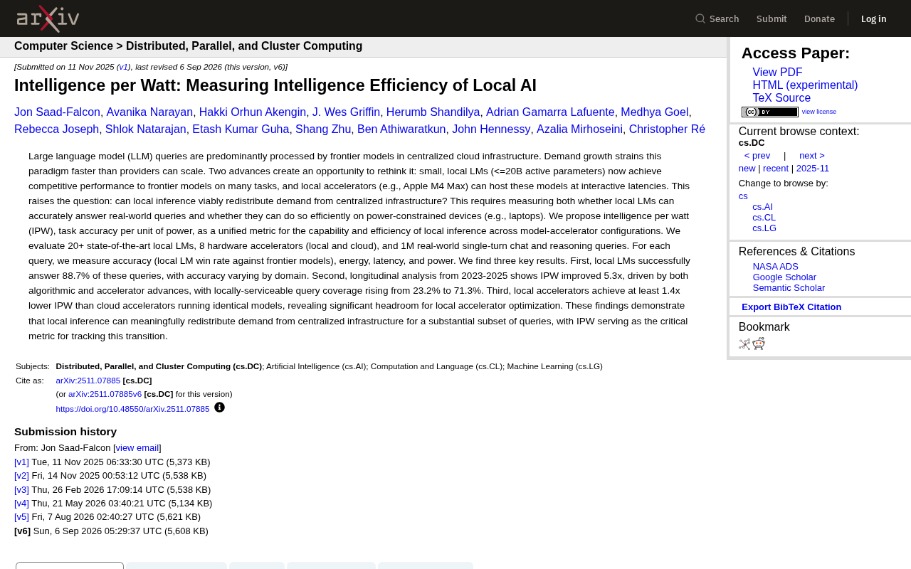 Intelligence per Watt: Measuring the Energy Efficiency of Local AI