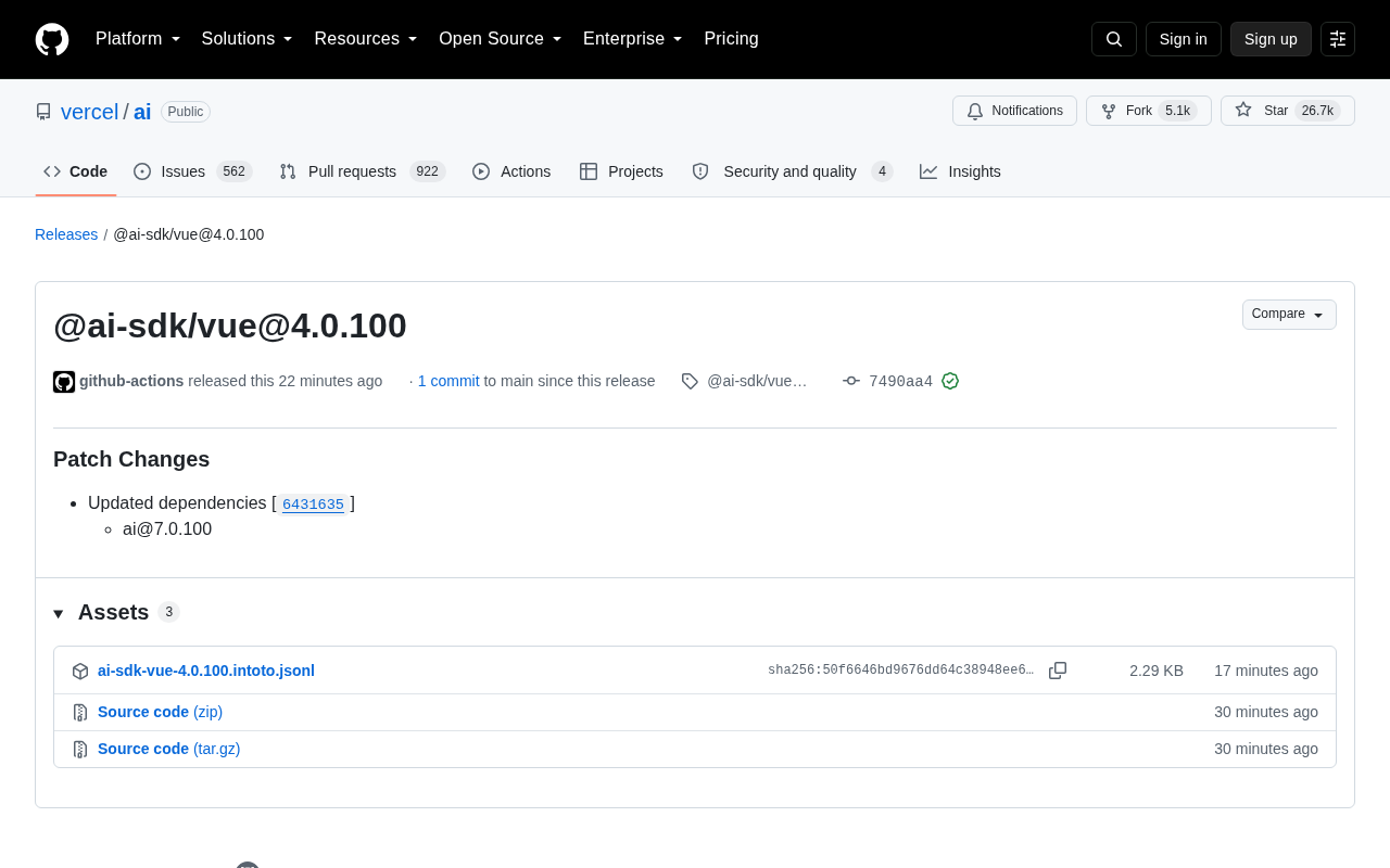 Vercel AI SDK Vue Package Releases 4.0.100 Patch Update