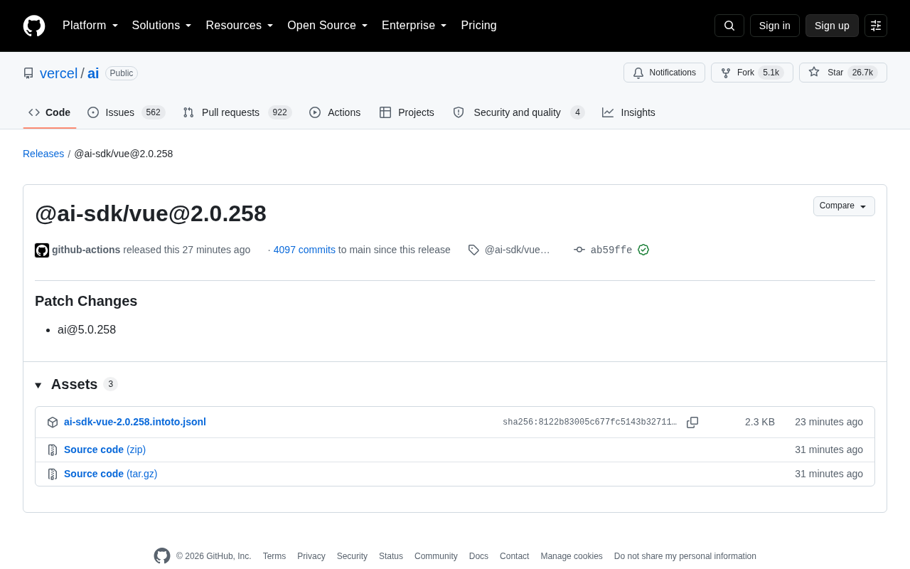 Vercel AI SDK Vue version release page