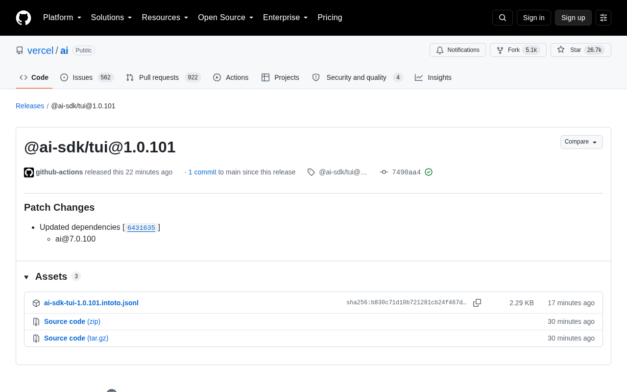 @ai-sdk/tui 1.0.101 Released: AI SDK Dependency Sync Update