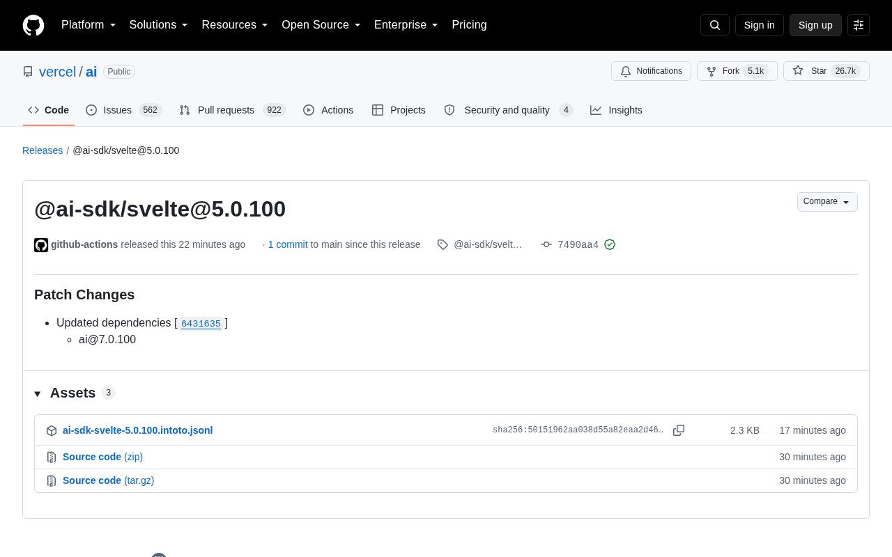 Vercel AI SDK Svelte package release page