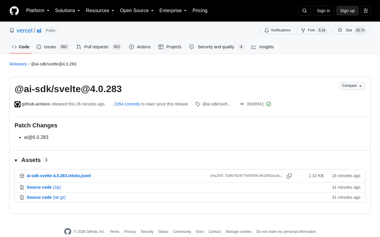 Vercel AI SDK Releases @ai-sdk/svelte 4.0.283 Patch Update